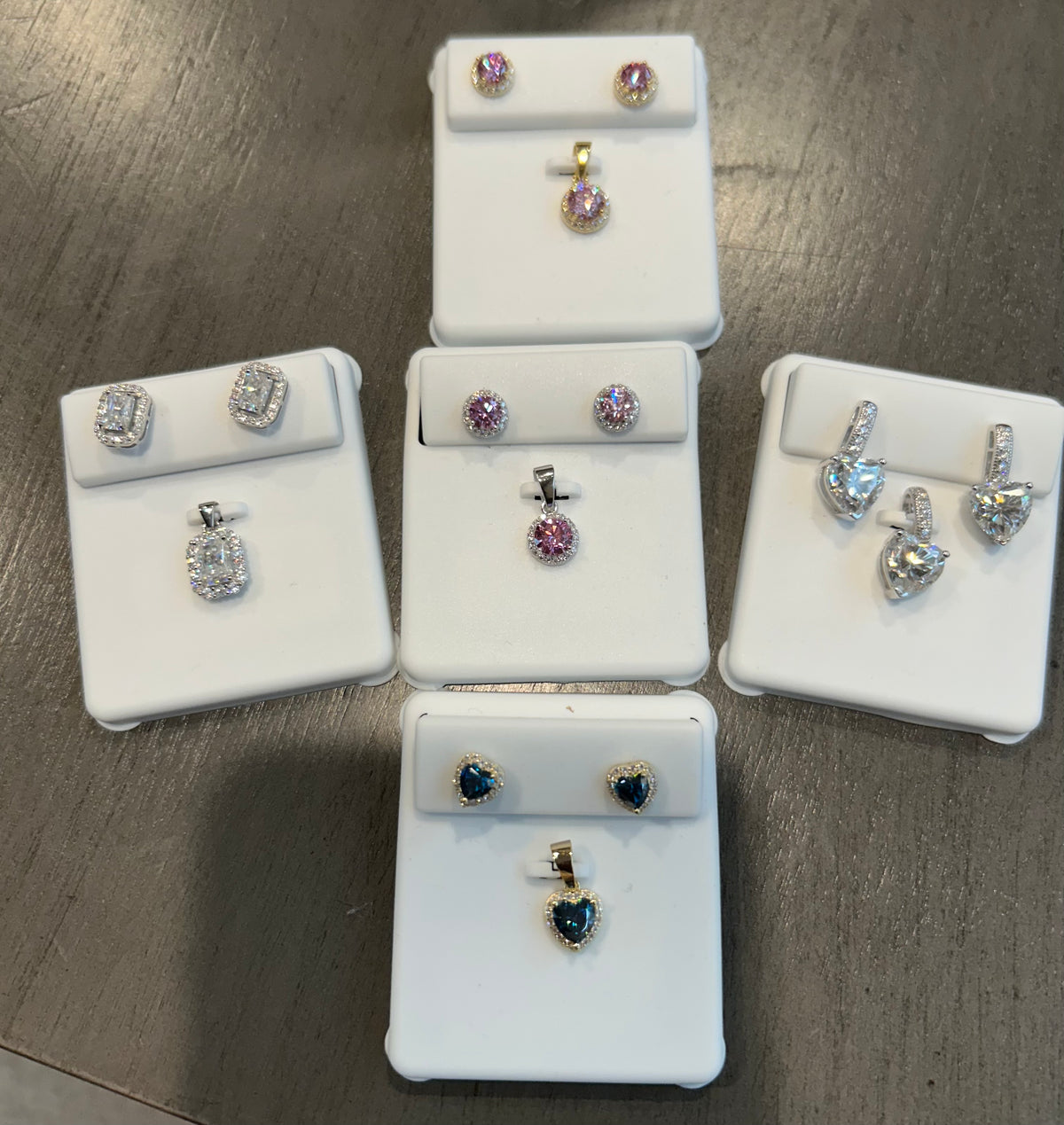 Silver & Moissanite sets, 18” box necklace included.